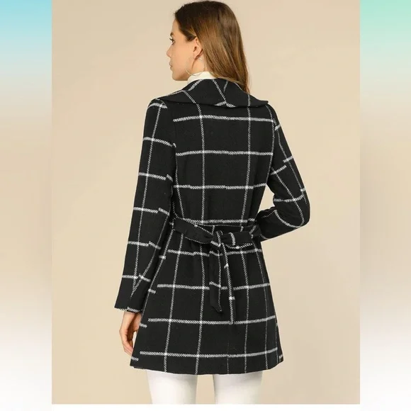 Women's Shawl Collar Check Belted Wrap Plaid Coat with Pockets - Picture 4 of 7